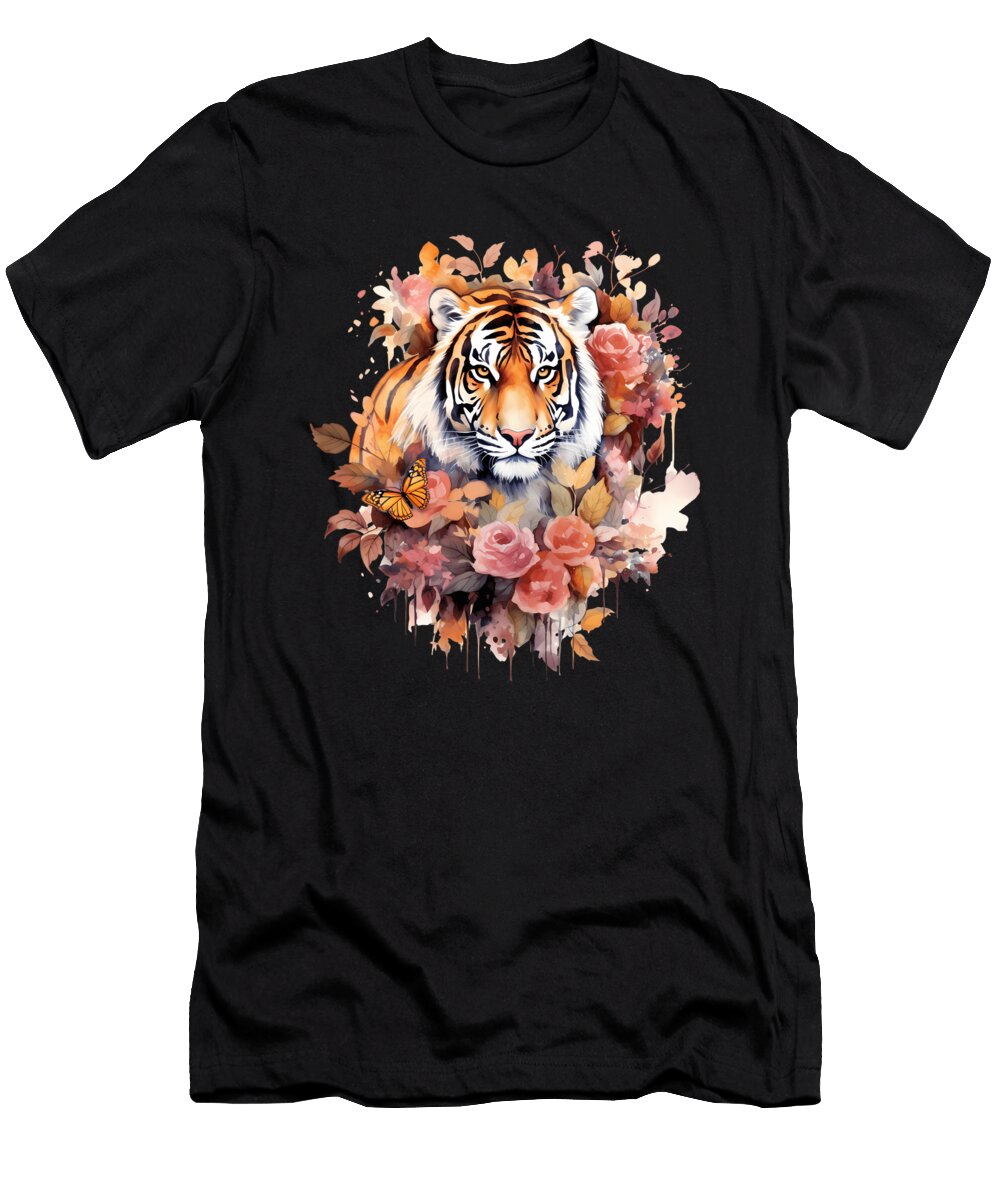 2 Tiger Pastel Floral Safari Watercolor Savannah Cat Heidi Joyce T-Shirt