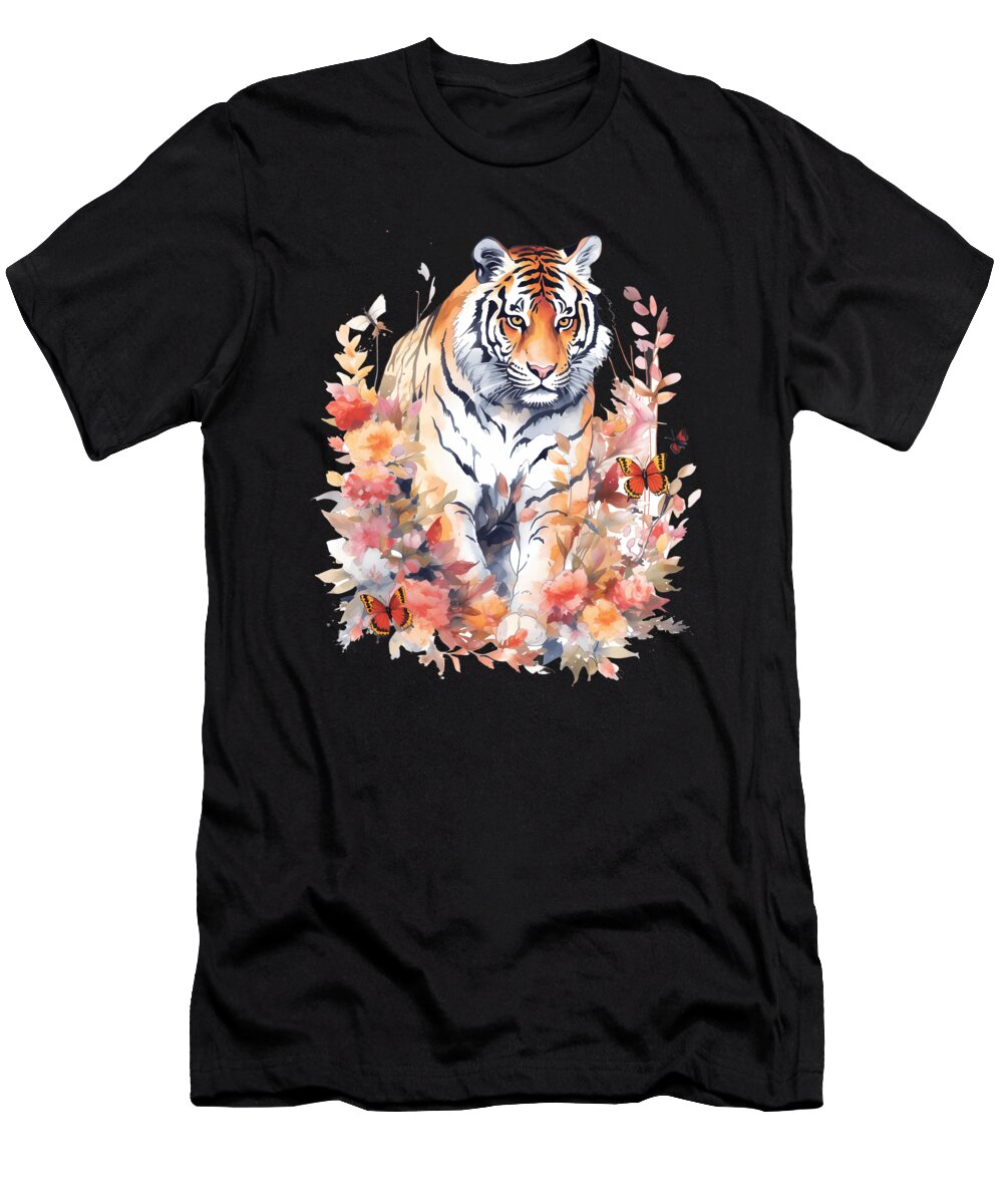 Tiger Pastel Floral Safari Watercolor Savannah Cat Heidi Joyce T-Shirt